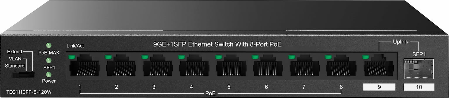 Коммутатор управляемый PoE Tenda TEG2210P-8-120W, 10 портов, 9x1 Гбит/с, SFP 1x1 Гбит/с, PoE 8x30Вт (до 110 Вт)
