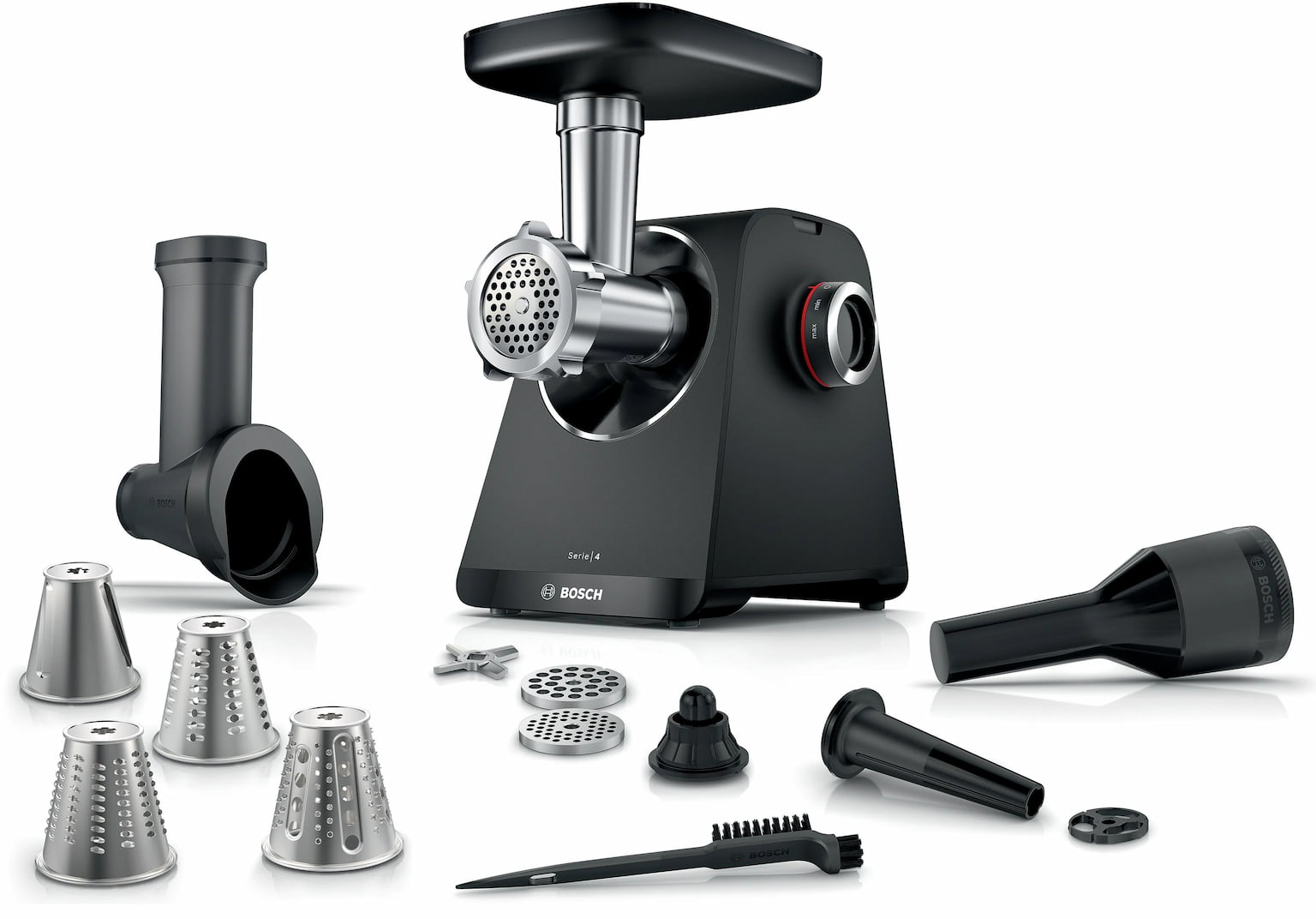 Мясорубка электрическая Bosch MFWS440B черный, 1900 Вт, 2.5 кг/мин, реверс, защита от перегрузки, насадки - 7