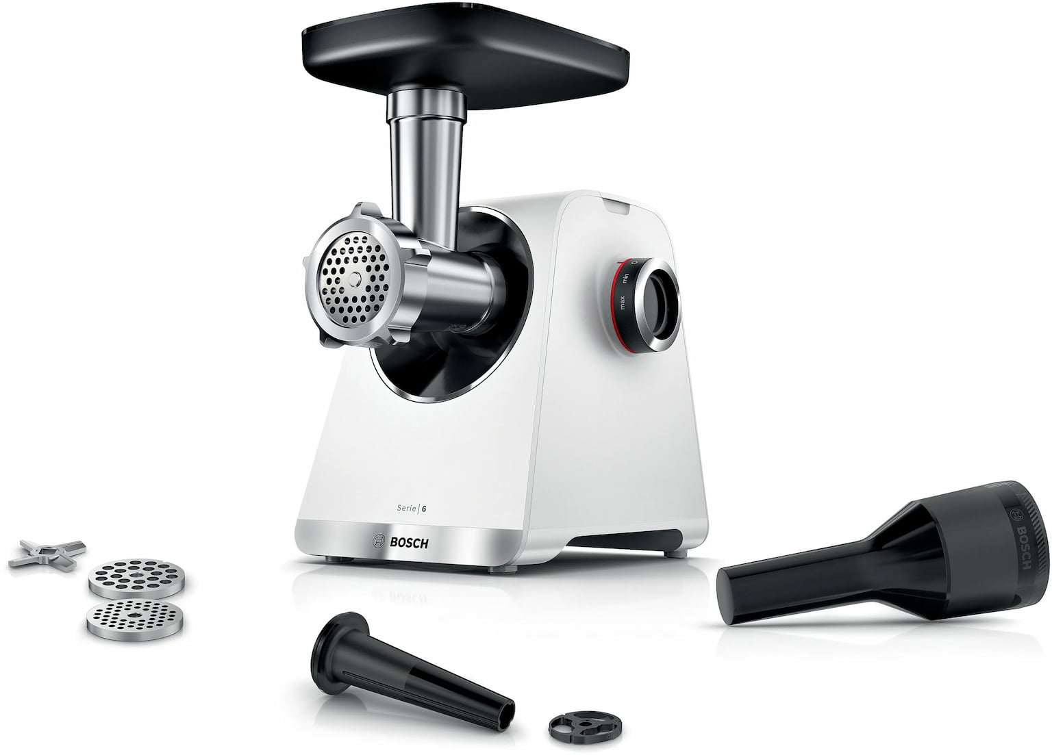 Мясорубка электрическая Bosch MFWS609W белый/черный, 2100 Вт, 3.5 кг/мин, реверс, насадки - 4