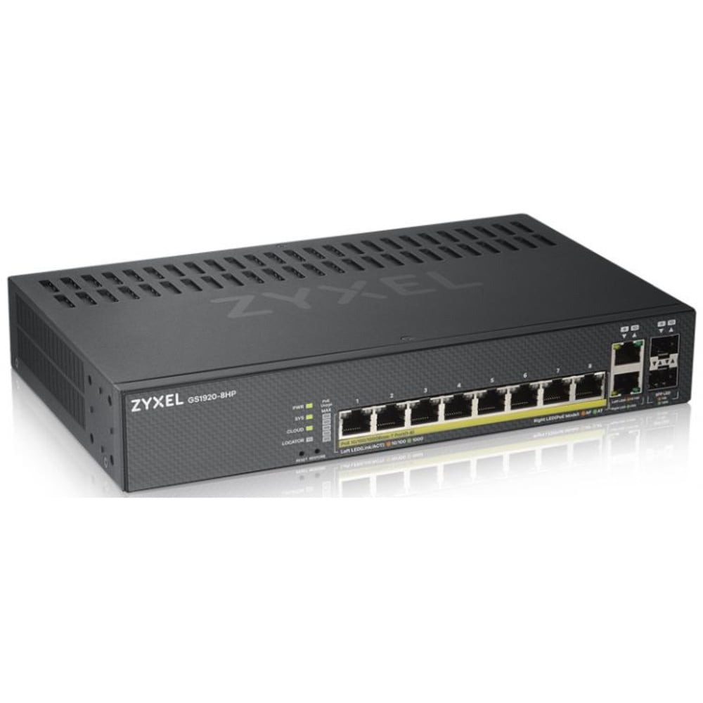 Коммутатор Zyxel GS1920-8HPV2, 8×1 Гбит/с + 2×Combo (SFP/RJ-45), 8×PoE+ (130 Вт), L2, управляемый
