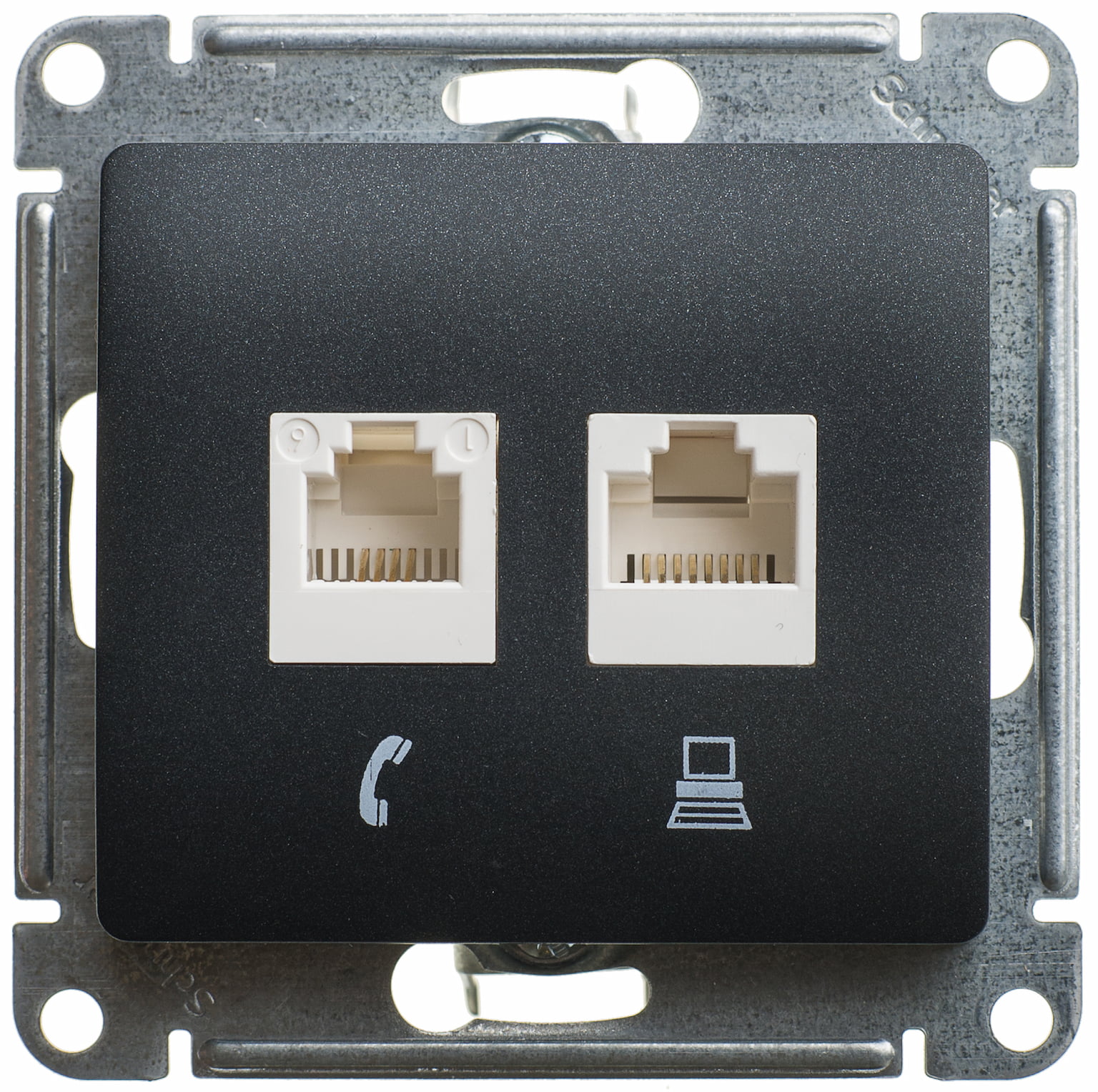 Розетка компьютерная двойная Glossa RJ45+RJ45, кат.5E, механизм, антрацит