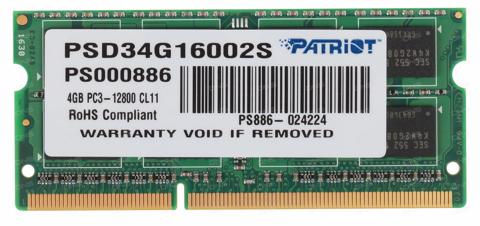Оперативная память Patriot, DDR3, 4GB, (1x4 GB,), 1600 MHz, CL11, SO-DIMM