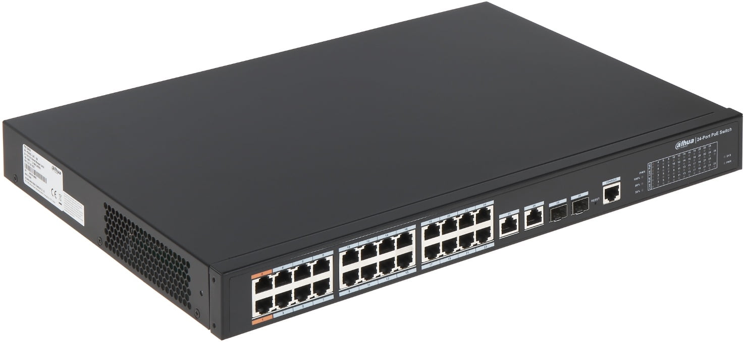 Коммутатор Dahua DH-PFS4226-24ET-240, 24×100 Мбит/с PoE + 2×1 Гбит/с Combo, управляемый