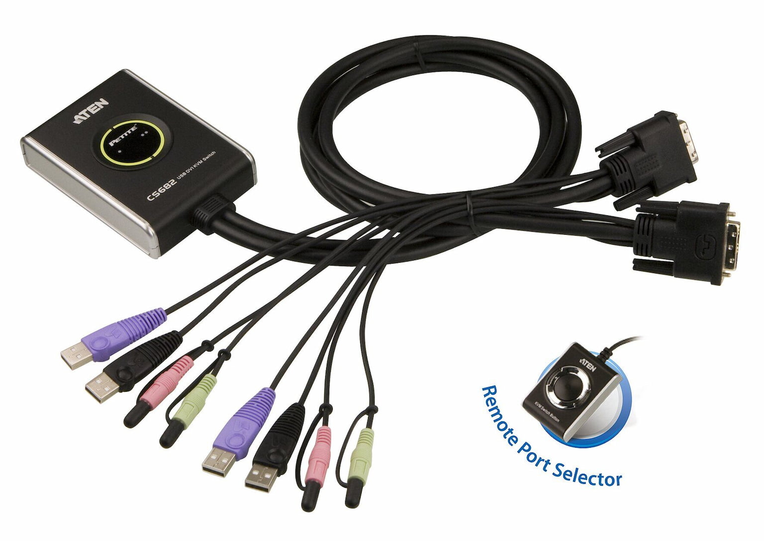 Переключатель KVM ATEN (CS682-AT) KVM+Audio, 1 user USB+DVI-D => 2 cpu USB+DVI-D, со встр.шнурами USB+Audio 2x1.2м., 1920x1200, настол., исп.стандарт.