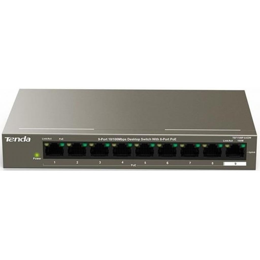 Коммутатор Tenda TEF1109P-8-63W, 8×100 Мбит/с PoE + 1×100 Мбит/с Uplink, неуправляемый