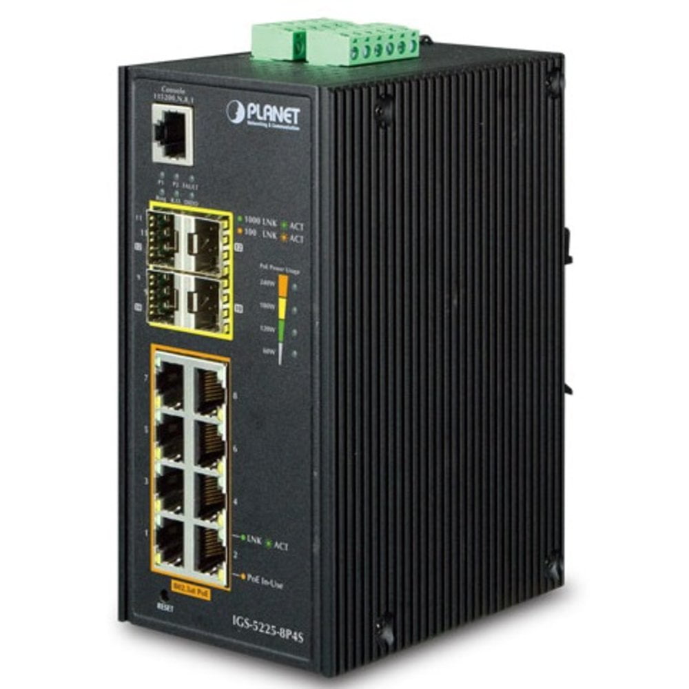 Коммутатор индустриальный PoE IGS-5225-8P4S для монтажа в DIN-рейку IP30 Industrial L2+/L4 8-Port 1000T 802.3at PoE+ 4-port 100/1000X SFP Full Managed Switch (-40 to 75 C, dual redundant power input on 48~56VDC terminal block, DIDO, ERPS Ring Supported, 1588)