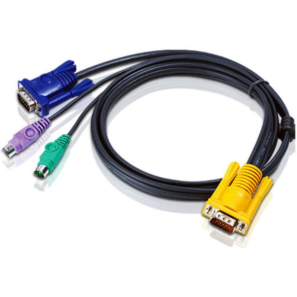 Шнур, мон+клав+мышь PS/2, SPHD15=>HD DB15+2x6MINI-DIN ATEN (2L-5202P) Male-3xMale, 8+6+6 проводов, опрессованный, 1.8 метр., черный