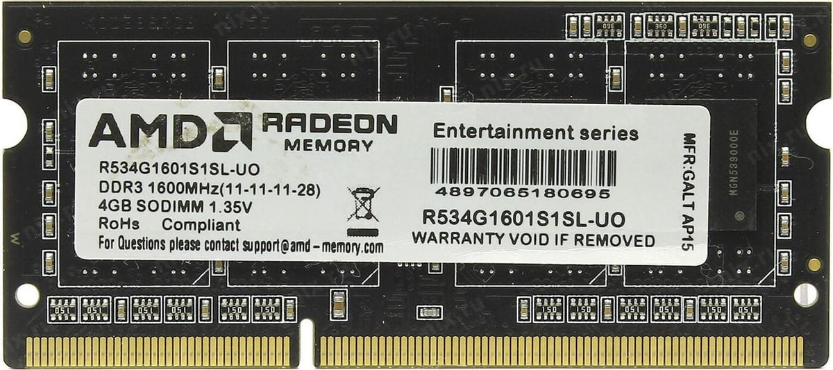 Оперативная память AMD Radeon R5, DDR3L, 4GB (1x4GB), 1600MHz, CL11, SO-DIMM, OEM