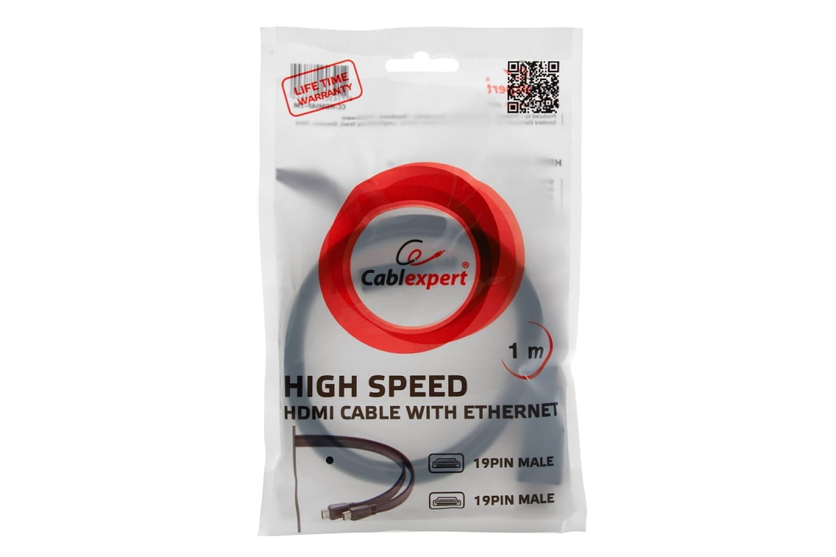 Кабель Cablexpert HDMI CC-HDMI490-15, 19M/19M, v2.0, медь, позол.разъемы, экран, плоский кабель, 1м, черный, пакет