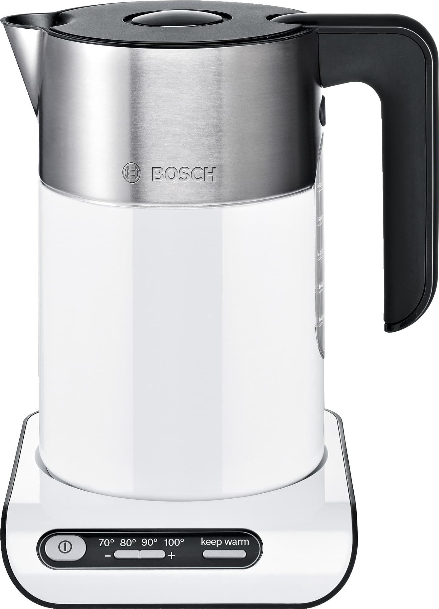 Чайник электрический Bosch TWK8611P белый/серебристый, 1.5 л, 2400 Вт, скрытый нагревательный элемент, поддержание температуры