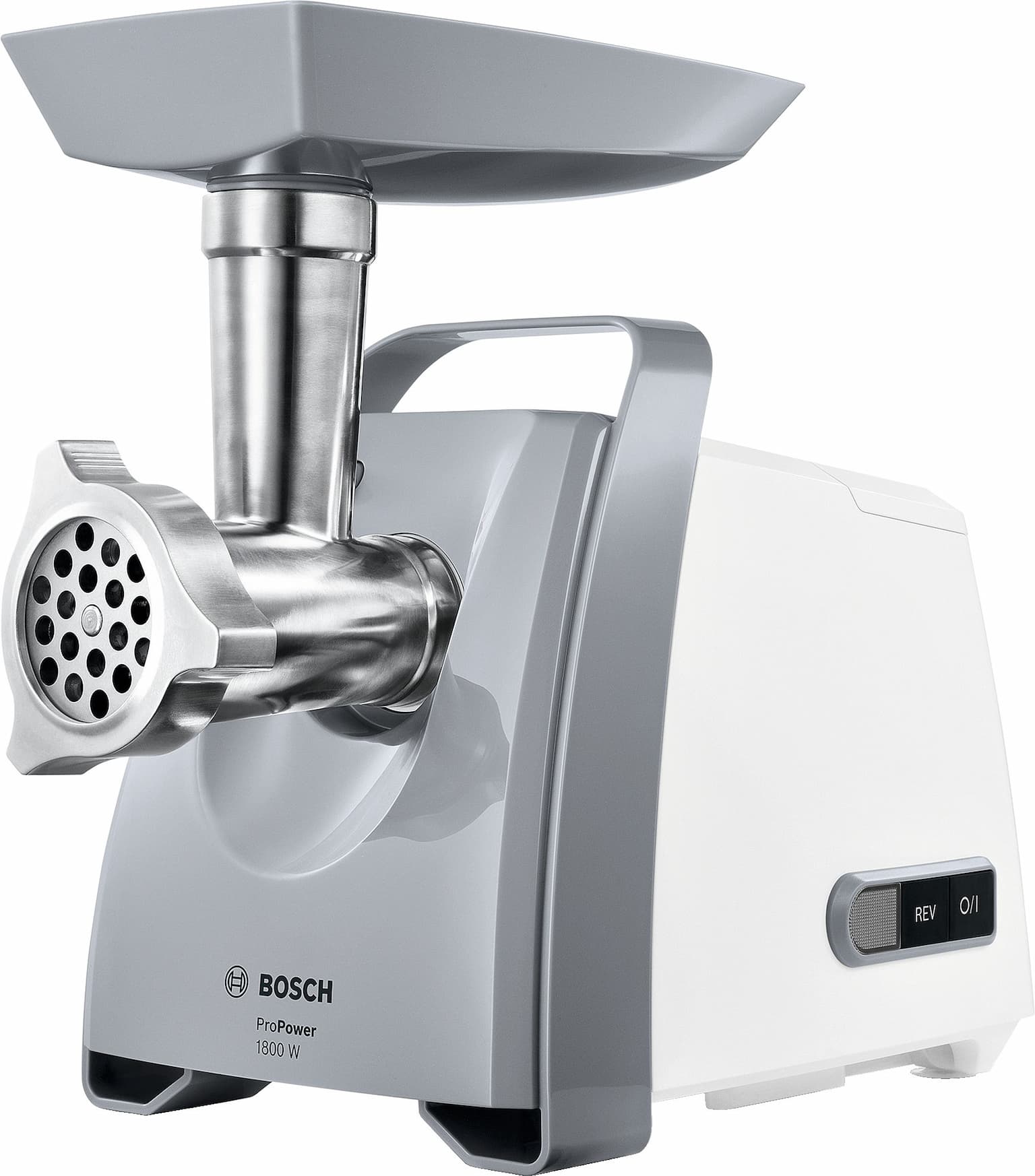 Мясорубка электрическая Bosch MFW 66020 белый/серый, 1800 Вт, 3.0 кг/мин, реверс, защита от перегрузки, насадки - 5