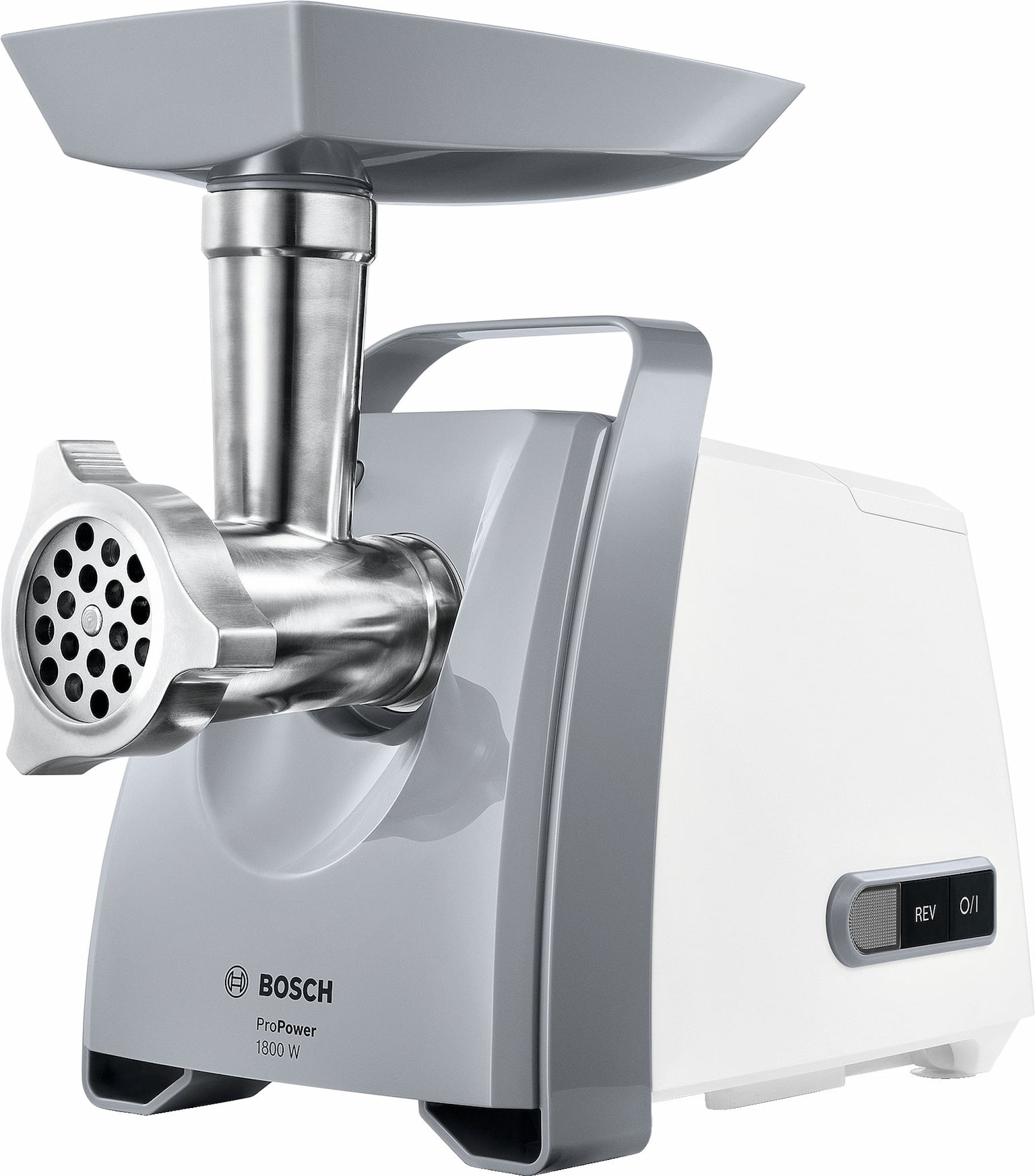 Мясорубка электрическая Bosch MFW 66020 белый/серый, 1800 Вт, 3.0 кг/мин, реверс, защита от перегрузки, насадки - 5