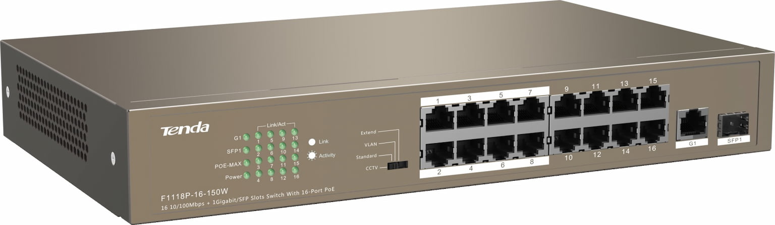 Коммутатор Tenda TEF1118P-16-150W, 16×100 Мбит/с PoE + 2×1 Гбит/с Uplink + 1×1 Гбит/с SFP, неуправляемый