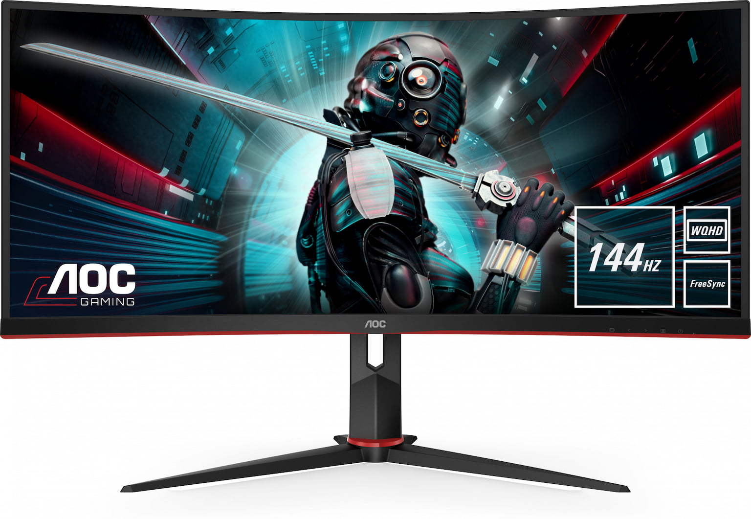 Монитор 34" AOC Gaming CU34G2X VA 3440x1440, 144 Гц, 4 мс, 21:9, 300 кд/м2, 2xHDMI, 2хDP, изогнутый, черный/красный