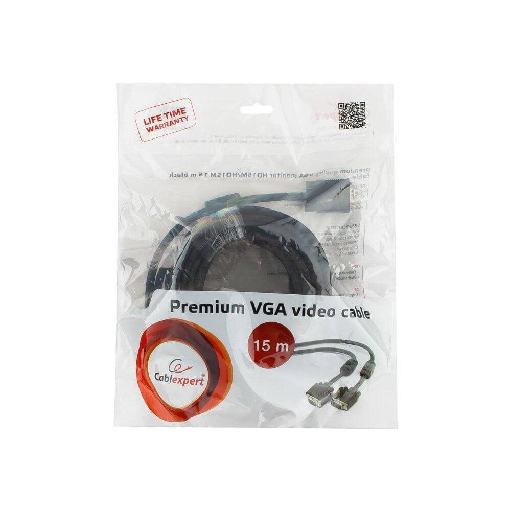 Кабель VGA Premium Cablexpert CC-PPVGA-15M-B, 15M/15M, 15м, черный, тройной экран, феррит.кольца, пакет