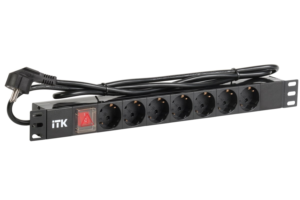 Блок розеток ITK PDU 7 розеток DIN49440 (нем. cтанд.) с LED выключателем, 1U, шнур 2м вилка DIN49441 (нем. станд.), профиль из ПВХ, черный
