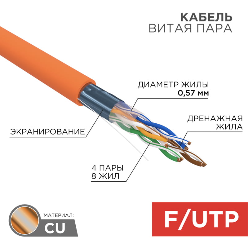 Кабель витая пара Rexant F/UTP, категория 6, 4 x 2 x 0,57 мм, LSZH нг(А)-HF, внутренний, оранжевый, 305м