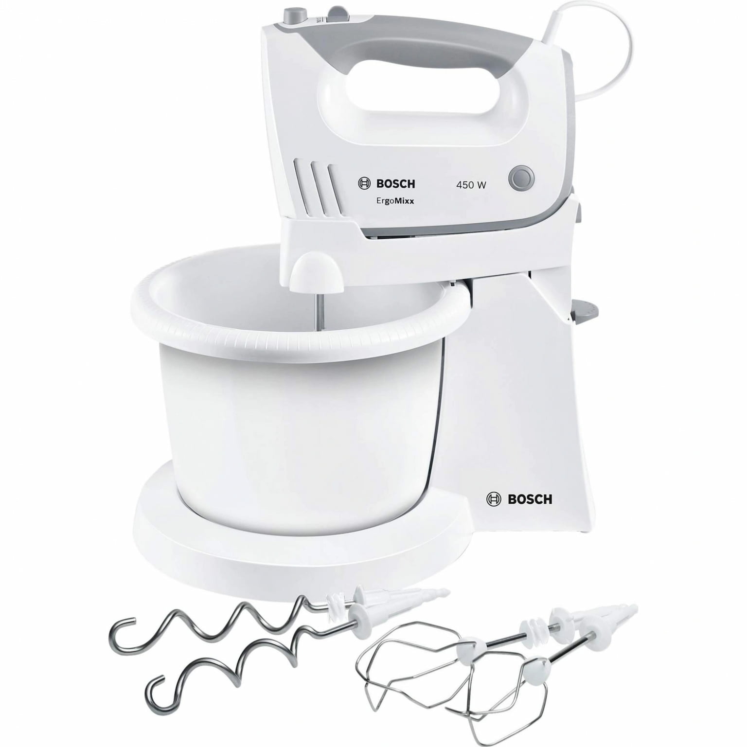 Миксер Bosch MFQ36460 белый/серый, стационарный, 450 Вт, 3 л, 5 скоростей
