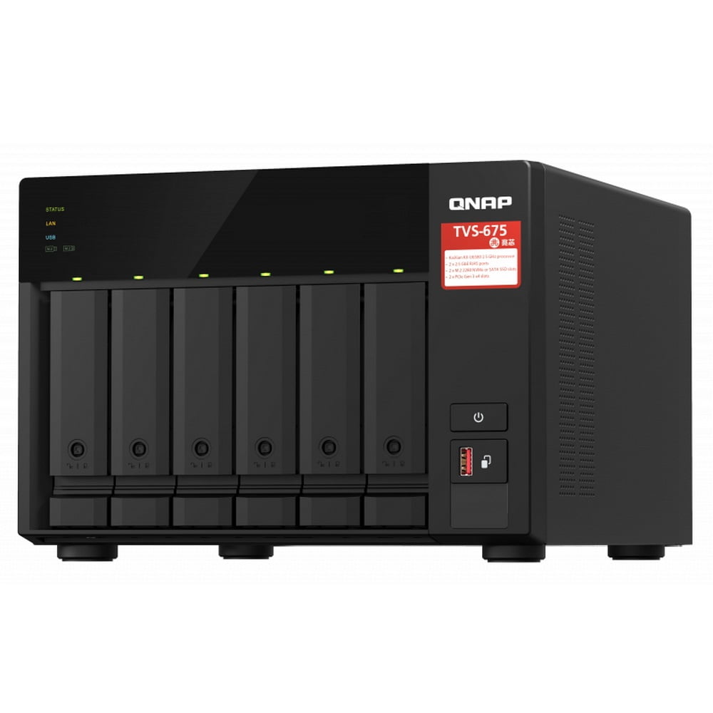 Сетевое хранилище без дисков SMB QNAP TVS-675-8G NAS, 6-tray w/o HDD, 2xM.2 SSD Slot, 1xHDMI-port. CPU 8-сore 64-bit x86 KX-U6580 2.5 GHz, 8GB DDR4 (1 x 8GB) up to 64GB (2 x 32GB), 2x 2.5 Gigabit LAN