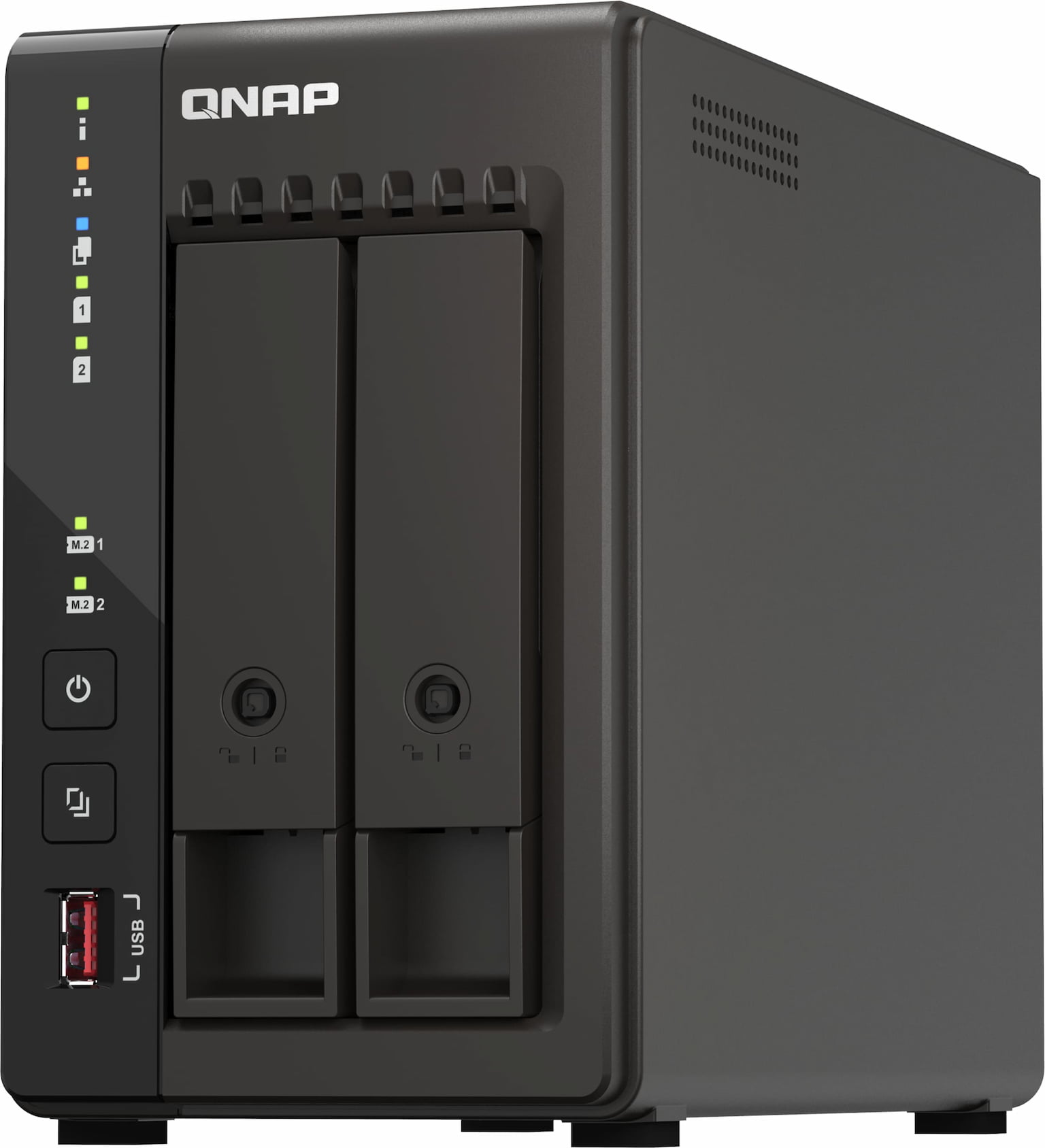 SMB QNAP TS-253E-8G NAS, 2-tray w/o HDD. 2xHDMI-port. 4-core Celeron J6412 2-2.6 GHz, 8Gb DDR, 2x2.5Gb LAN, 2 x M.2 2280 PCIe Gen 3 x2, 2x USB 3.2 Gen 2 (10Gbps) Port, 2x USB 2.0 port