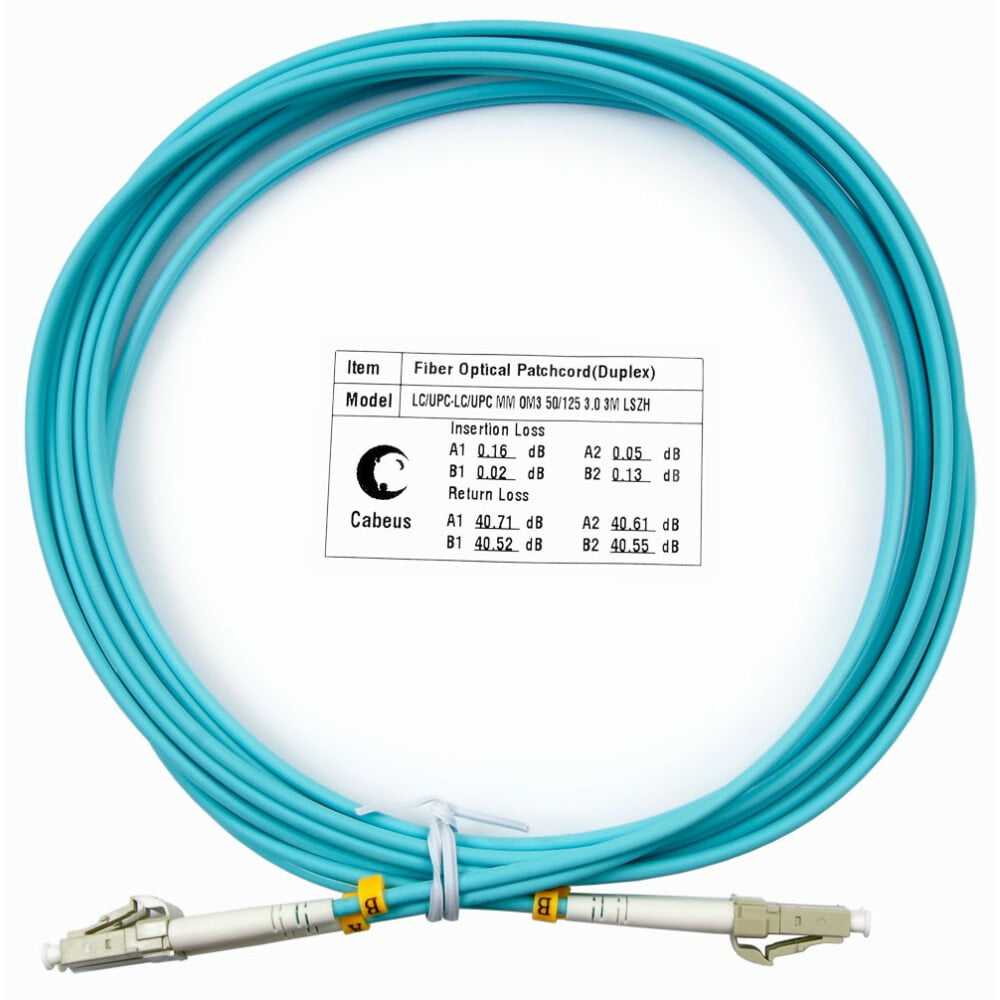 Комм. шнур оптический Cabeus Tight Buffer, Duplex LC/LC, OM3 50/125, LSZH, 3м, Ø 3мм, серый хвостовик, аква
