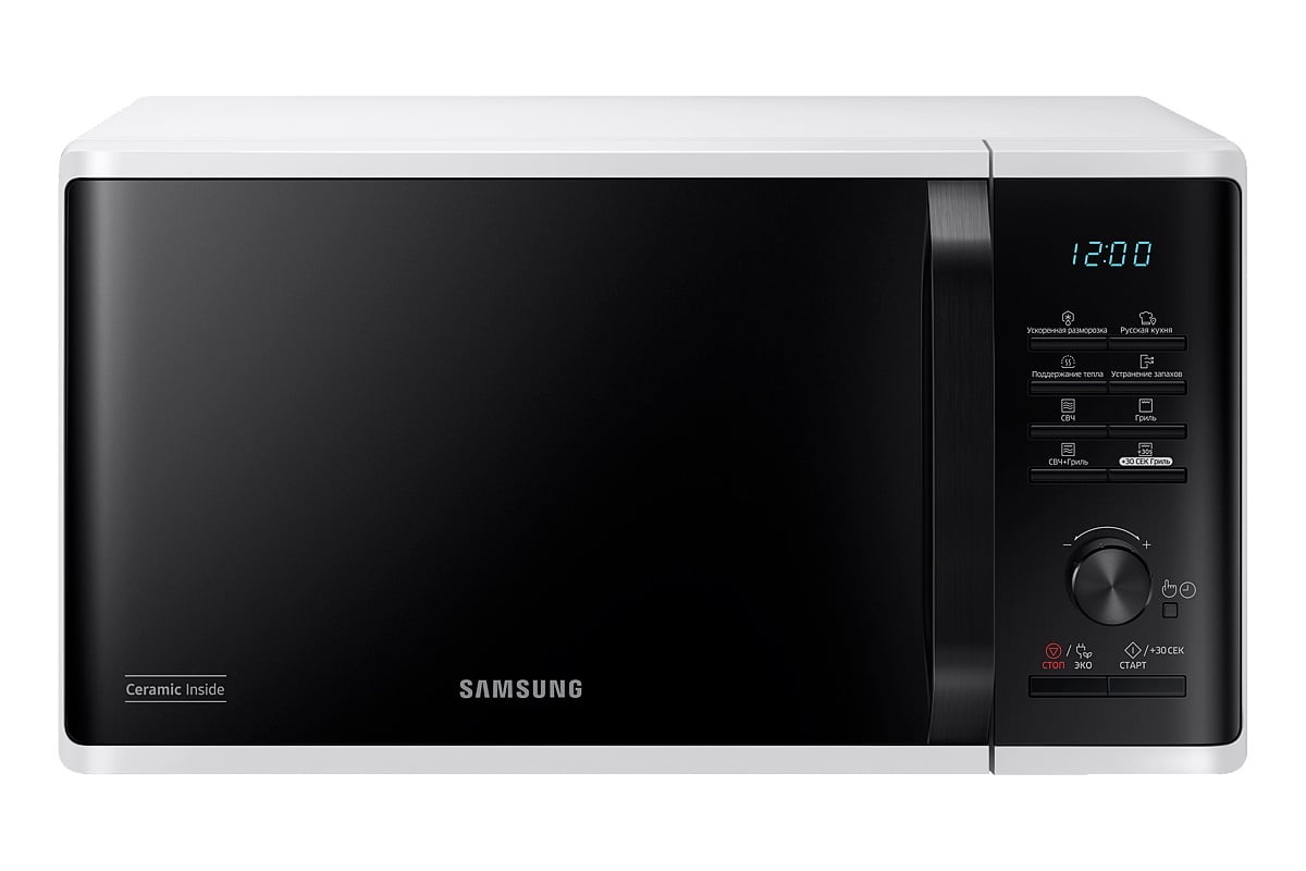 Микроволновая печь Samsung MG23K3515AW/BW белый/черный, 23 л, 800 Вт, переключатели - кнопки, поворотный механизм