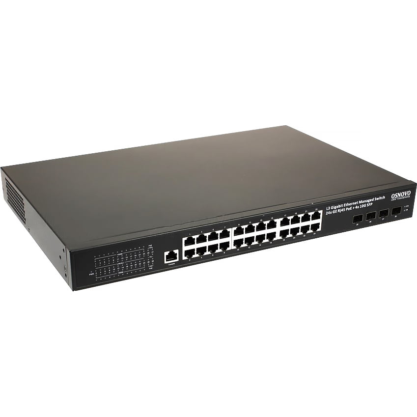 Коммутатор гигабитный L3 PoE на 28 портов, 24 *10/100/1000 Base-T PoE, 4*10G SFP+ Uplink, PoE на порт до 30W, суммарно до 400W OSNOVO
