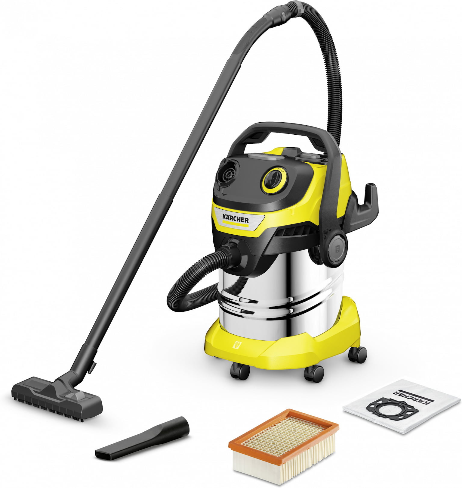 Строительный пылесос Karcher WD 5 S V-25/5/22 желтый, 1100 Вт, уборка сухая/сбор воды, пылесборник мешок/контейнер, 25 л