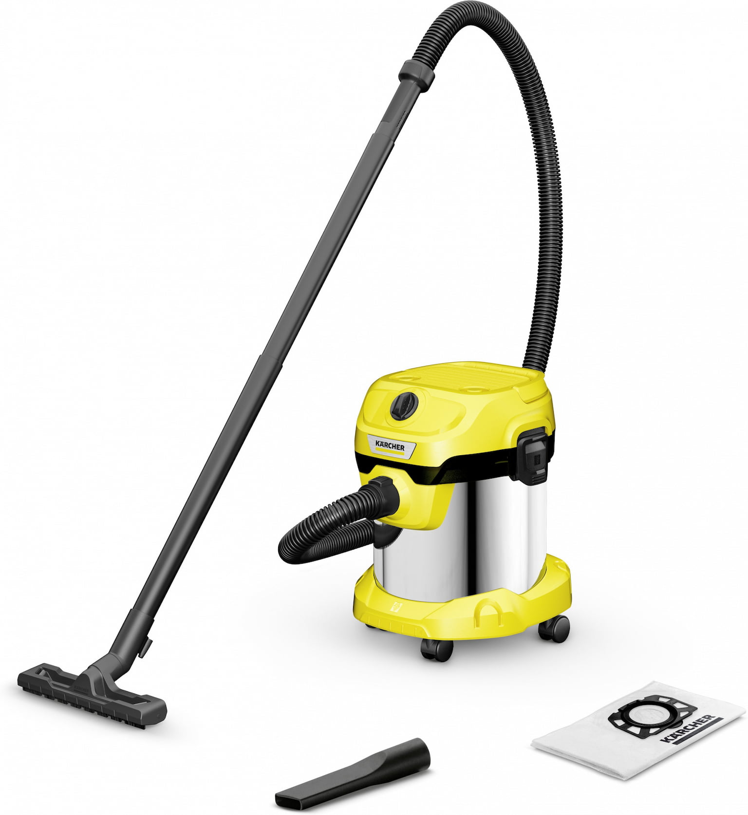 Строительный пылесос Karcher WD 2 Plus S V-15/4/18 желтый, 1000 Вт, уборка сухая/сбор воды, пылесборник мешок/контейнер, 15 л