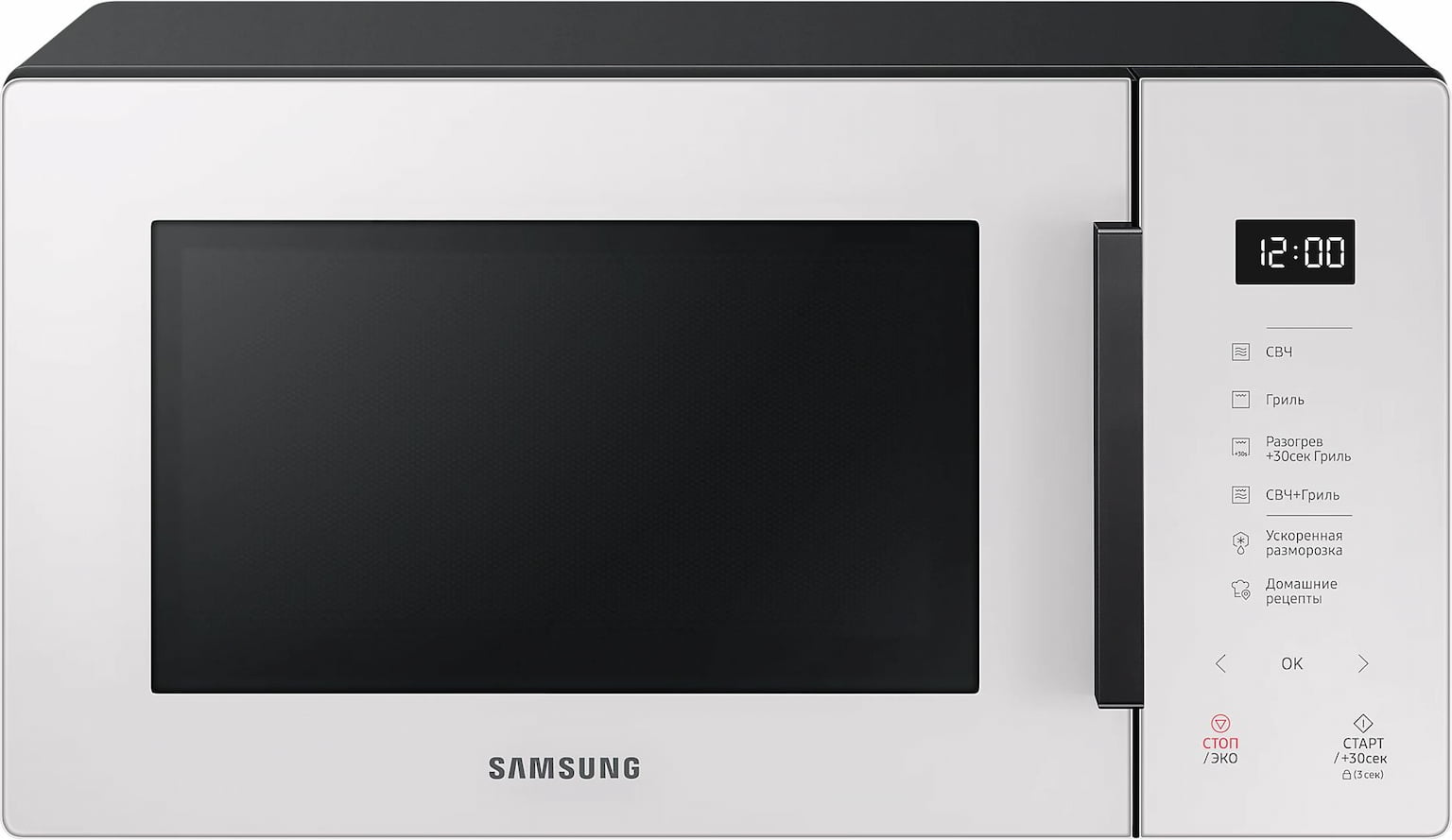 Микроволновая печь Samsung MG23T5018AE/BW белый, 23 л, 800 Вт, переключатели - сенсор