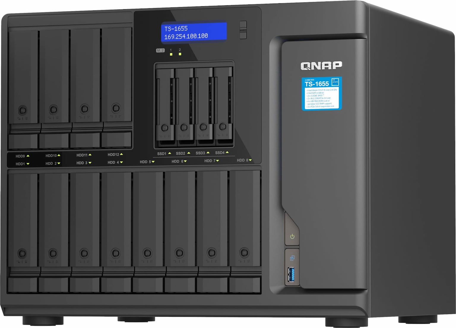 Сетевое хранилище SMB QNAP TS-1655-8G NAS 16-Bay (12x 3.5"/2.5" HDD/SSD bays + 4x 2.5" SSD bays + 2x M.2 2280 SATA slots), Intel Atom C5125 8-core processor, 2.8GHz, 8 Gb DDR4 (1 x 8 GB) up to 128 Gb (4 x 32 GB), 2x 2.5 GbE BASE-T