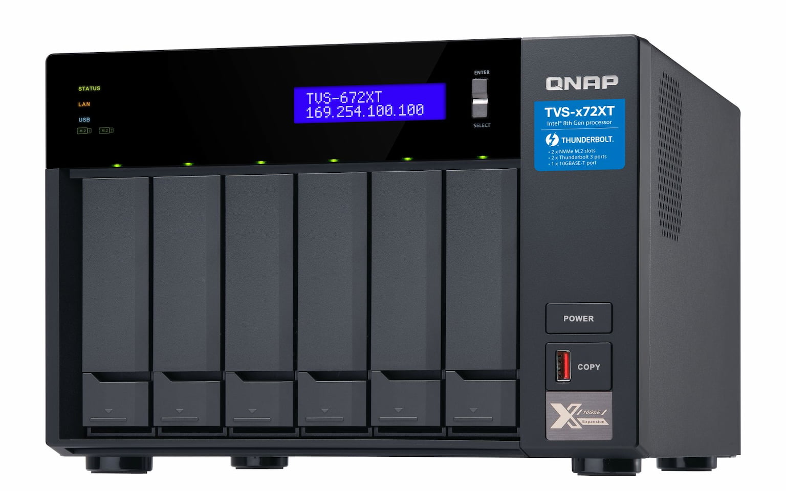 Сетевое хранилище без дисков SMB QNAP TVS-672XT-i3-8G 6-Bay NAS, Intel Core i3-8100T 4-core 3.1 GHz Processor, 8GB DDR4 RAM (max 32GB RAM), 6x 2.5"/3.5" SATA HDD/SSD + 2x M.2 PCIe SSD slot, 2xGbE LAN, 1 x 10GBase-T, 2 x Thunderbolt 3 port