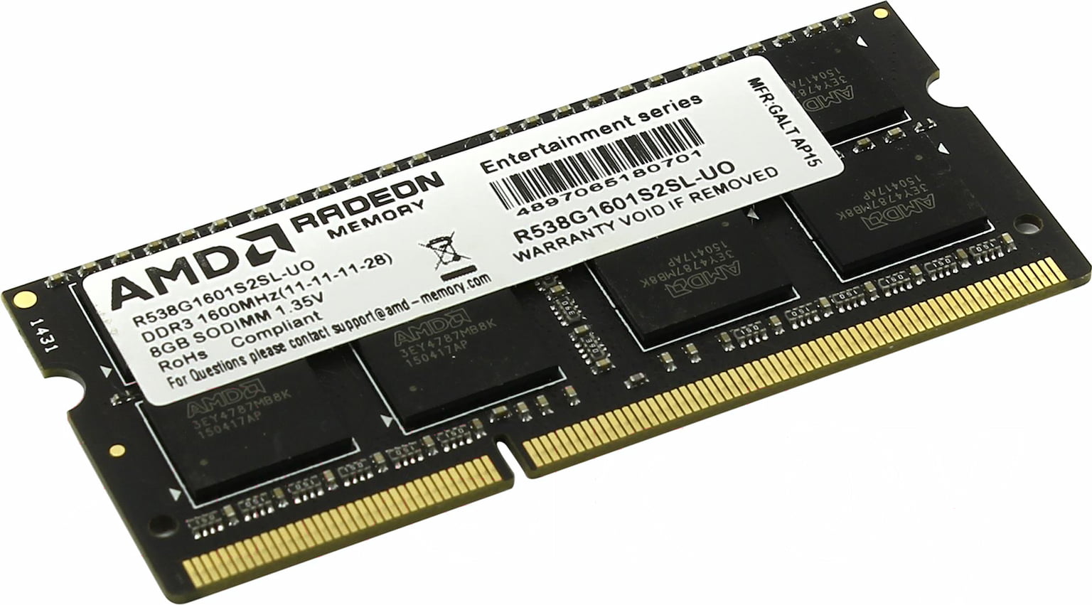 Оперативная память AMD Radeon R5, DDR3L, 8GB (1x8GB), 1600MHz, CL11, SO-DIMM, OEM