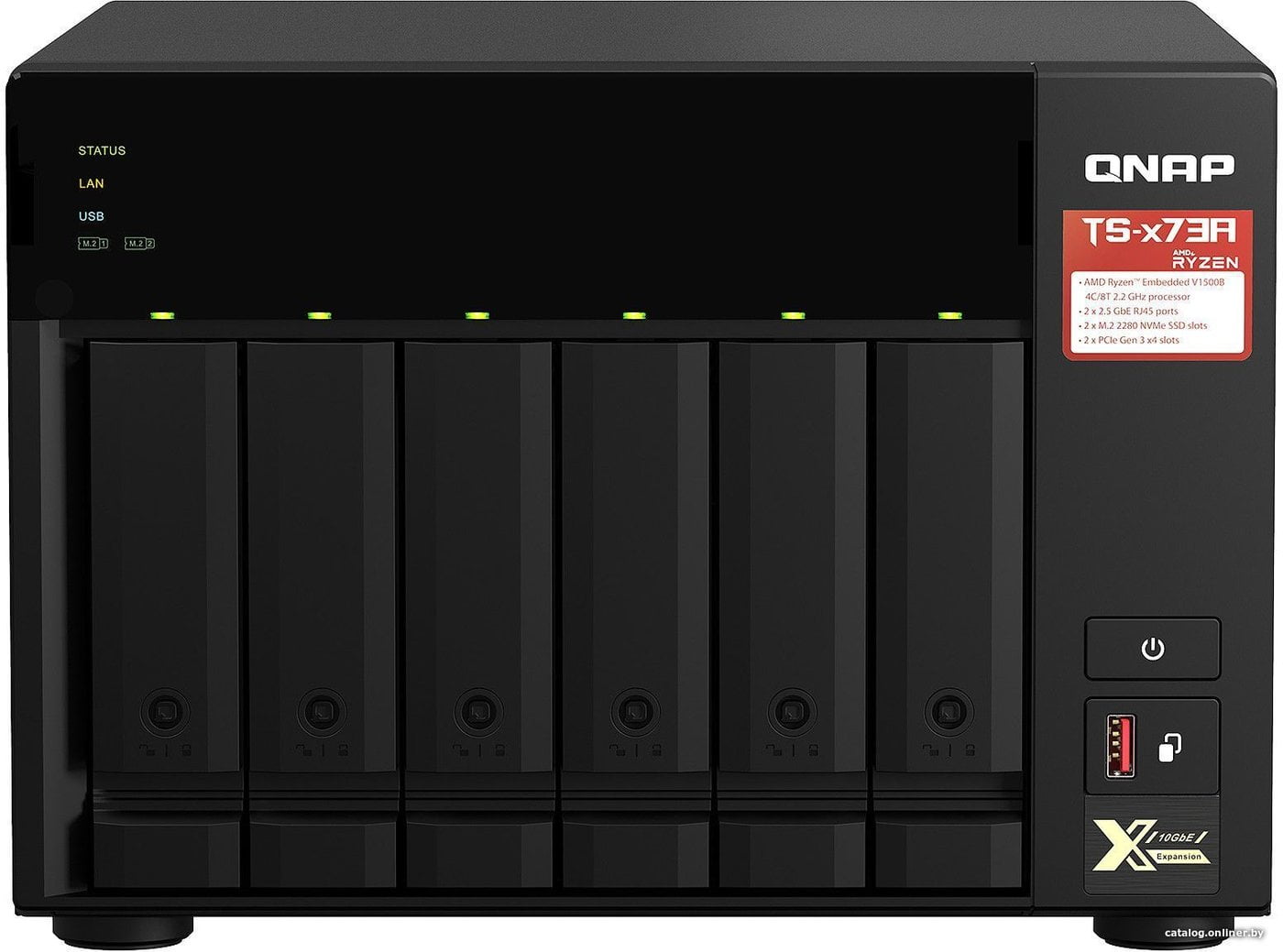 Сетевое хранилище без дисков SMB QNAP TS-673A-8G NAS, 6 trays 3,5"/2,5", 2x2,5 GbE BASE-T, 2 x M.2 NVMe 2280 slots, quad-core AMD Ryzen V1500B 2,2 GHz, 8 Gb SO-DIMM DDR4 (1 x 8 Gb) up to 64Gb (2x32 Gb)