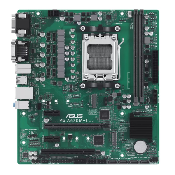 Материнская плата ASUS Pro A620M-C-CSM, AM5, AMD A620, 2xDDR5, 4xSATA, 2xM.2, 1xPCIe 4.0 x16, 2xPCIe x1, DisplayPort, HDMI, D-Sub, DVI, 1x 1Gb LAN, USB Type-C, 3x3.5 мм, 7.1, microATX