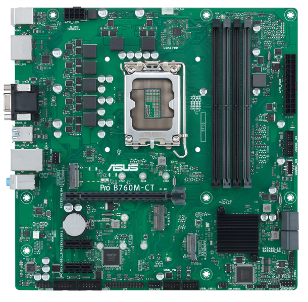 Материнская плата ASUS Pro B760M-CT-CSM, LGA1700, Intel B760, 4xDDR5, 4xSATA, 2xM.2, 1xPCIe 4.0 x16, 2xPCIe x1, DisplayPort, HDMI, D-Sub, 1x1Gb LAN, 3x3.5 мм, 7.1, microATX