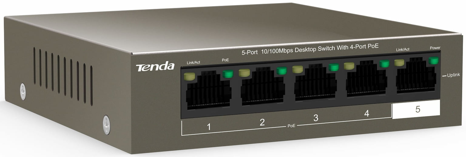 Коммутатор Tenda TEF1105P-4-38W, 4×100 Мбит/с PoE + 1×100 Мбит/с Uplink, неуправляемый