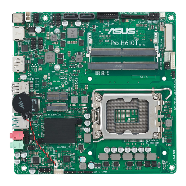 Материнская плата ASUS Pro H610T-CSM, LGA 1700, Intel H610, 2xDDR5, 2xSATA, 1xM.2, 1xPCIe x1, 1xHDMI, 1xDP, 1x 1Gb LAN, 2xUSB-A 2.0, 2xUSB-A 3.2 Gen 2, 2x3.5 мм, 7.1, Thin Mini-ITX