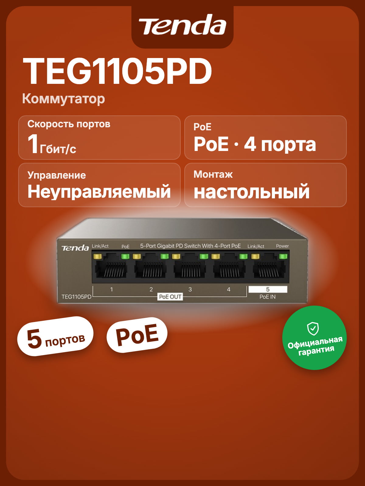 Коммутатор Tenda TEG1105PD, 5×1 Гбит/с PoE, неуправляемый